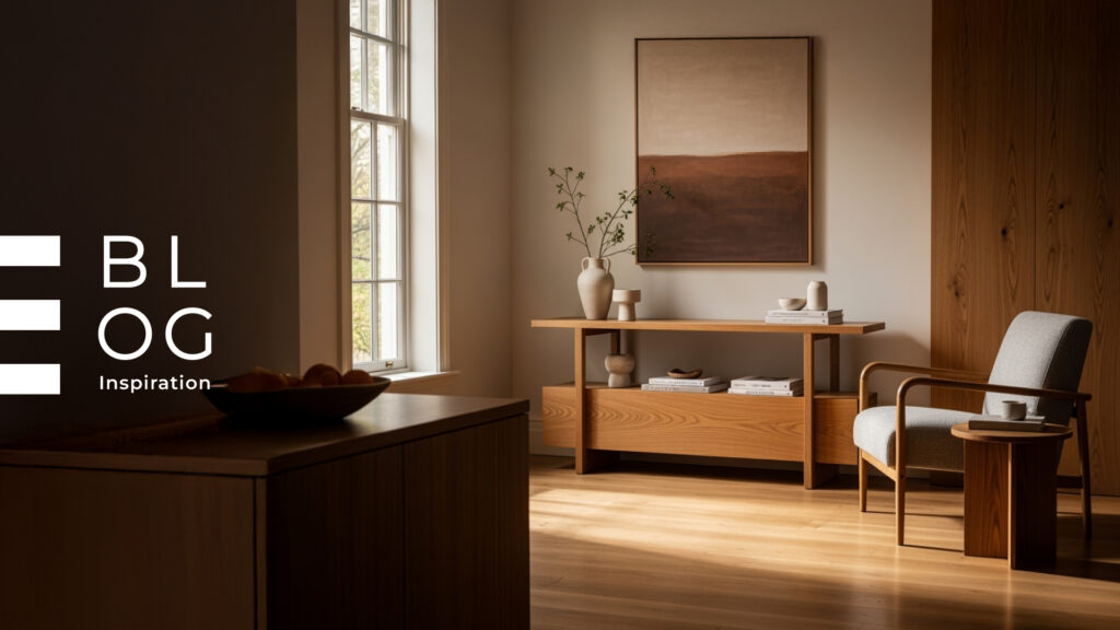 Blog Valentini Arredamenti - Living minimal in legno naturale con consolle e poltrona grigia