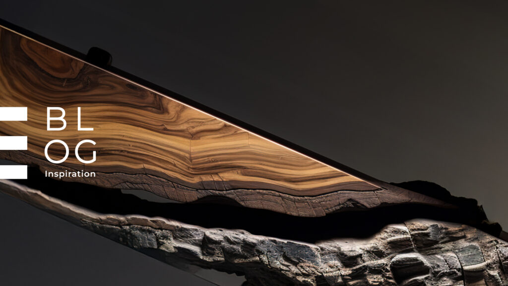 Blog Valentini Arredamenti- Dettaglio legno massello a bordo vivo con LED e pietra per arredo sostenibile